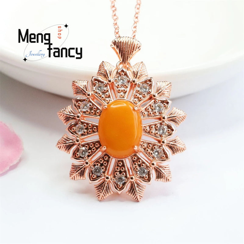 Natural Amber Old Material Honey Wax Full Snow Flower Pendant Necklace