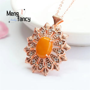 Natural Amber Old Material Honey Wax Full Snow Flower Pendant Necklace