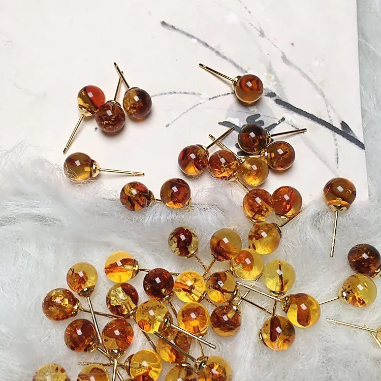 Natural Amber Stone Earrings Round Beads Stud Earring Rare Jewelry Women