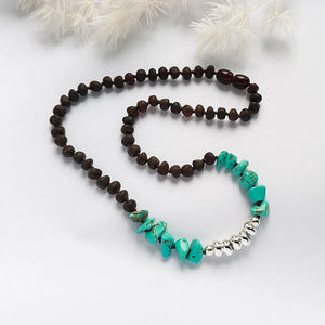 Matte Cherry Amber Necklace with Turquoise Beads Choker