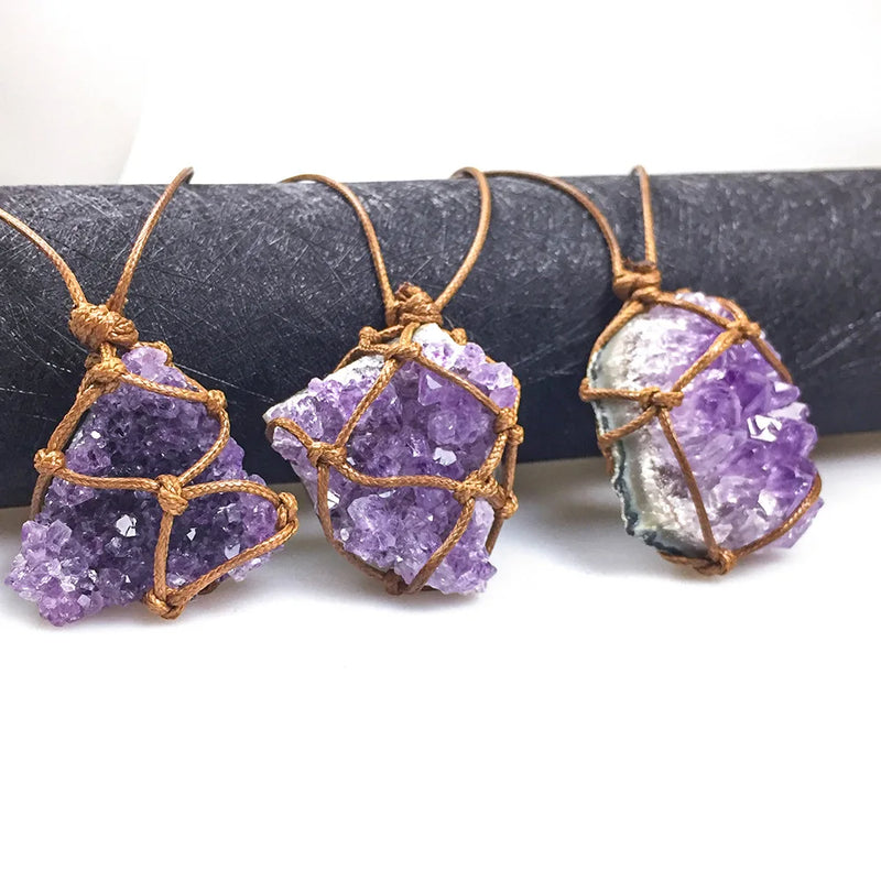 Amethyst Cluster Stone Pendant Purple Crystal Necklace