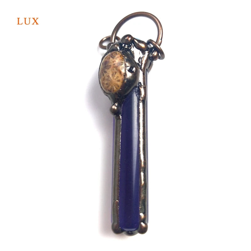 Natural Amethyst Column Pendant Coral Agate Deep Purple Crystal Soldered Pendant