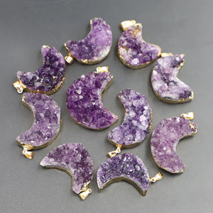 Amethyst Crescent Raw Stone Pendant Charms Necklace