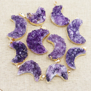 Amethyst Crescent Raw Stone Pendant Charms Necklace