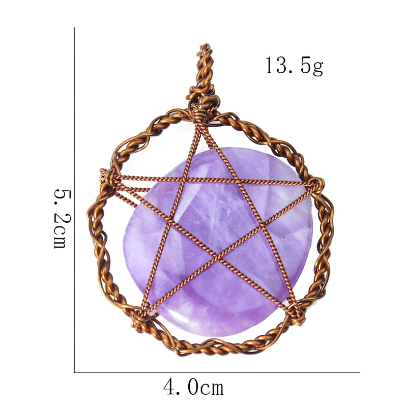 Amethyst Crystal Quartz Copper Wire Pentagram Stars Necklace Pendant