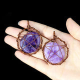 Amethyst Crystal Quartz Copper Wire Pentagram Stars Necklace Pendant