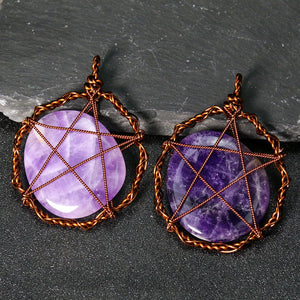 Amethyst Crystal Quartz Copper Wire Pentagram Stars Necklace Pendant