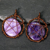 Amethyst Crystal Quartz Copper Wire Pentagram Stars Necklace Pendant