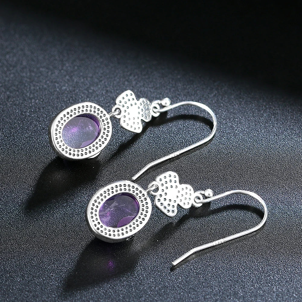 Vintage Flower Shape Amethyst Drop Earrings 925 Sterling Silver Women's Jewelry