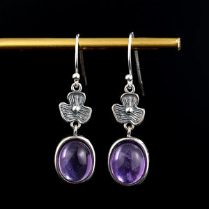 Vintage Flower Shape Amethyst Drop Earrings 925 Sterling Silver Women's Jewelry