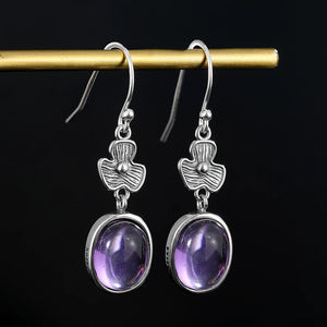 Vintage Flower Shape Amethyst Drop Earrings 925 Sterling Silver Women's Jewelry