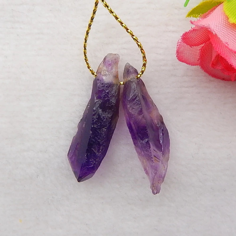 Natural Amethyst Earring Beads Pair, 31x7x10mm, 30x5x9mm