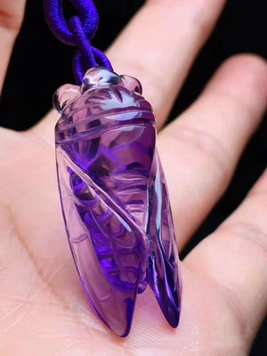 Hand Carved Amethyst Cicada Pendant Necklace