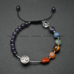 Amethyst Gemstone Chakra Bracelet Engraved Family Charms Adjustable Gift