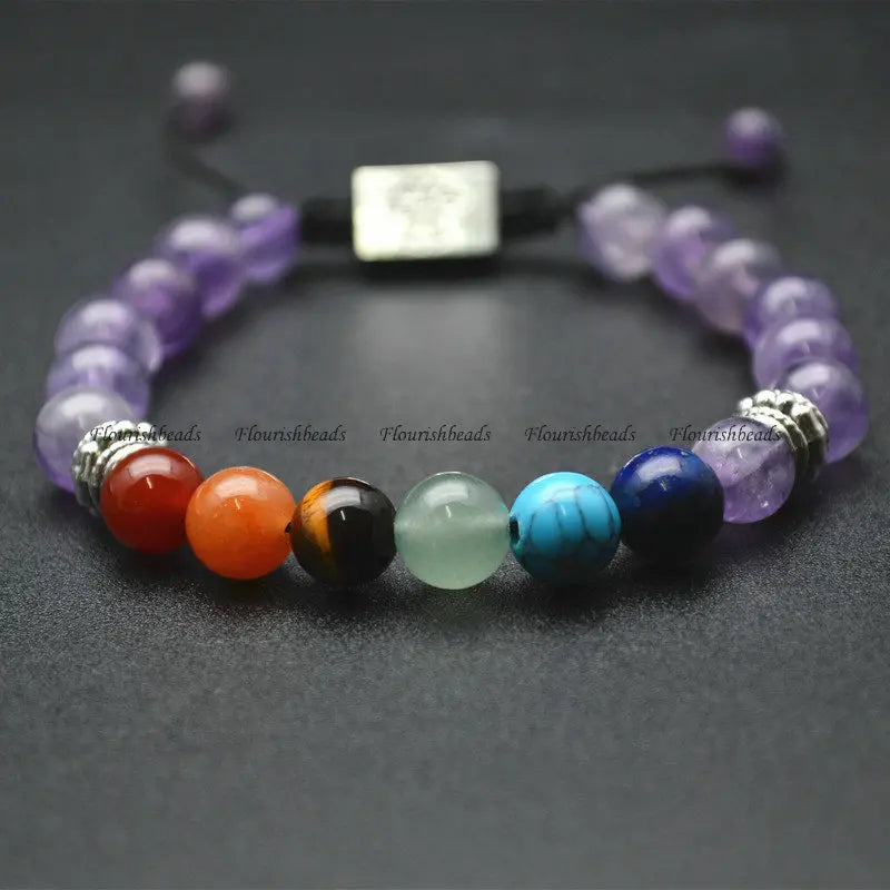 Amethyst Gemstone Round Beads Chakra Bracelet Healing Jewelry Adjustable Gift