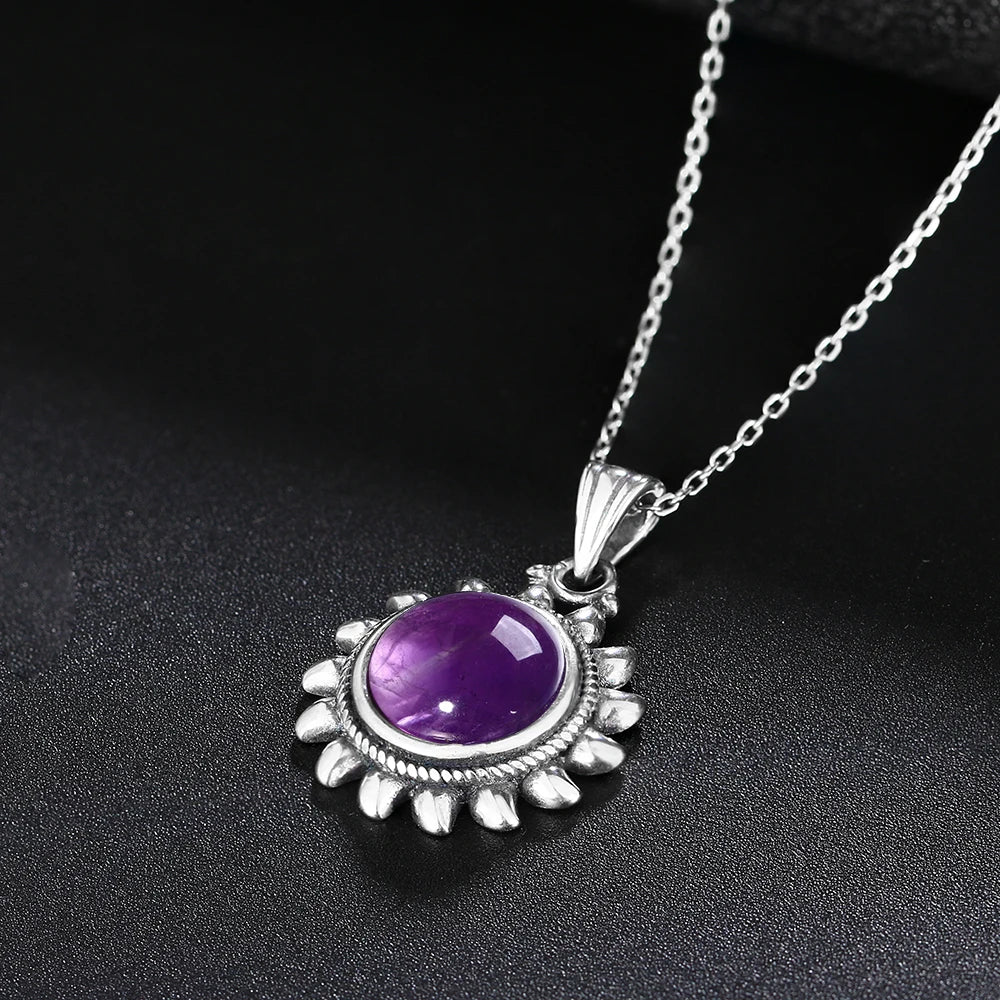 Amethyst Necklace Sterling Silver Sun Pendant Vintage Style