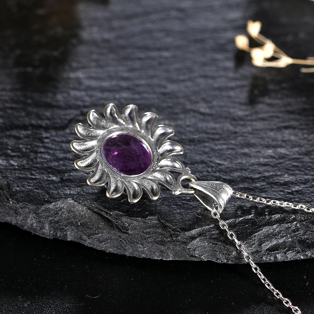 Amethyst Necklace Sterling Silver Sun Pendant Vintage Style