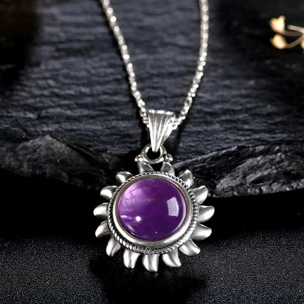 Amethyst Necklace Sterling Silver Sun Pendant Vintage Style