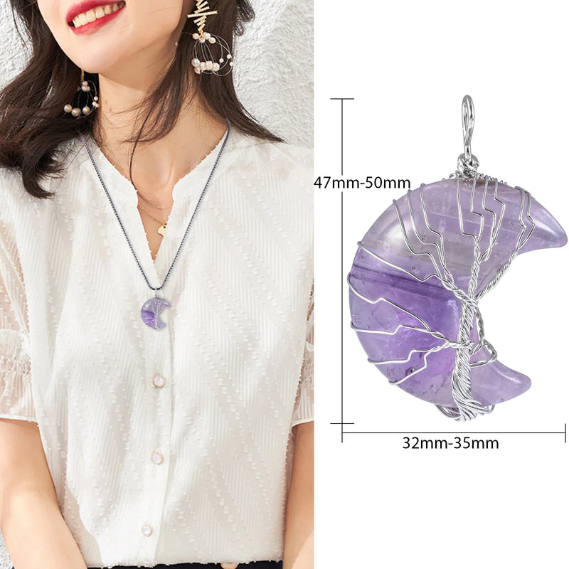 Amethyst Healing Crystal Moon Pendant Necklace