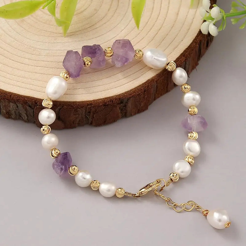 Amethyst Pink Crystal Bracelet with Pearl Bangle for Women