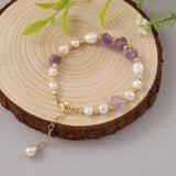 Amethyst Pink Crystal Bracelet with Pearl Bangle for Women