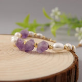 Amethyst Pink Crystal Bracelet with Pearl Bangle for Women