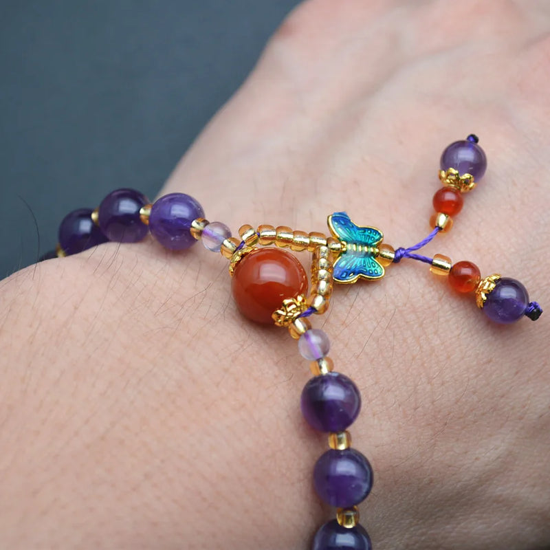 Amethyst Round Beads Cloisonne Butterfly Fly Charm Bracelet