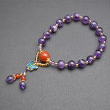 Amethyst Round Beads Cloisonne Butterfly Fly Charm Bracelet