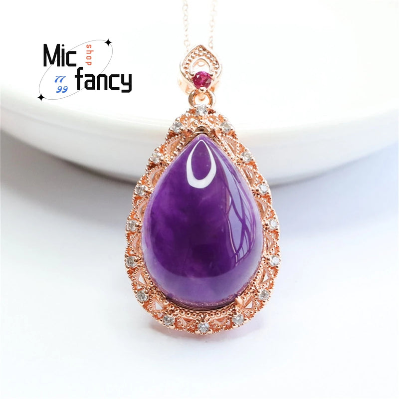 Amethyst Water Drop Pendant Necklace with Zircon Inlay