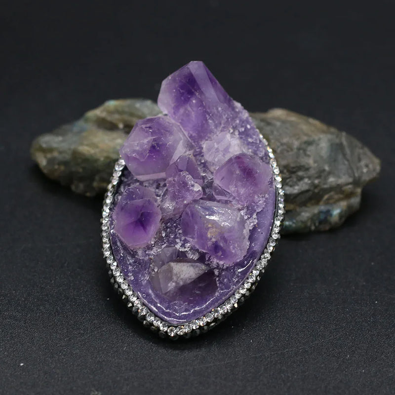 Amethyst Druzy Pendant with Diamond Accents, Horse Eye Shape Charm