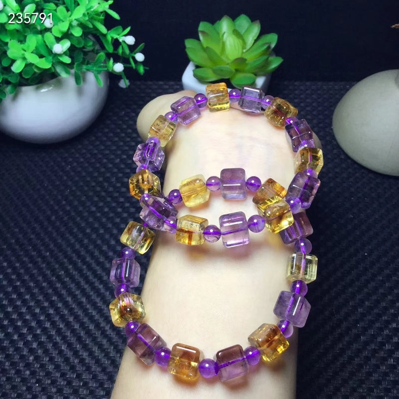 Ametrine Yellow Purple Crystal Bracelet 8mm Women Cube Beads Stretch AAAAA