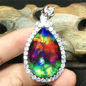 Natural Ammonite Ammolite Necklace Pendant Healing Stone Crystal Silver Jewelry
