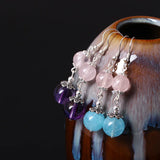 Aquamarine Amethyst Bead Earrings S925 Pink Crystal Drop Ethnic Fine Jewelry