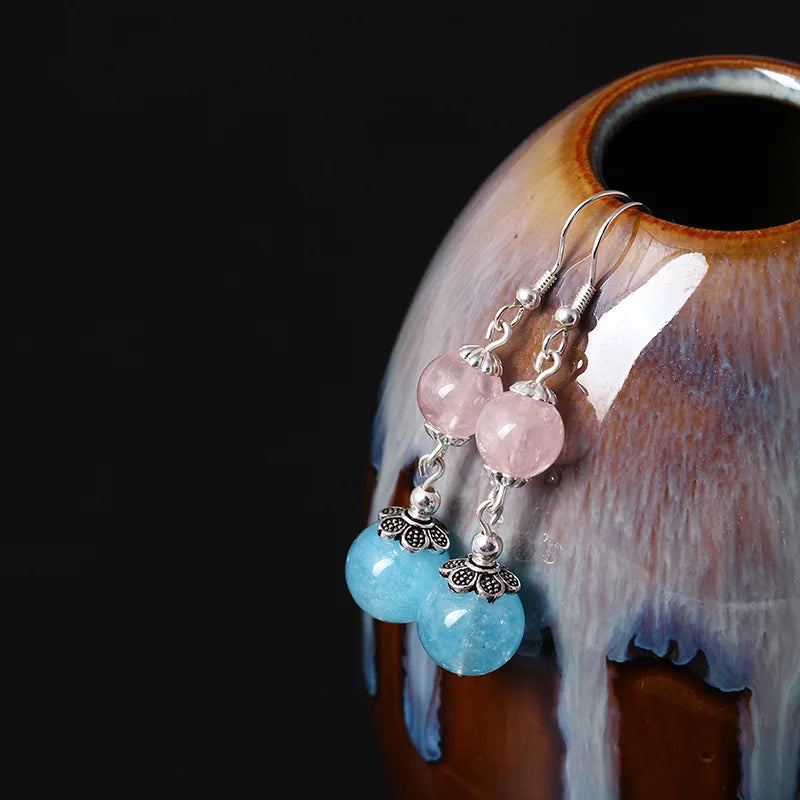 Aquamarine Amethyst Bead Earrings S925 Pink Crystal Drop Ethnic Fine Jewelry