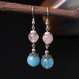 Aquamarine Amethyst Bead Earrings S925 Pink Crystal Drop Ethnic Fine Jewelry