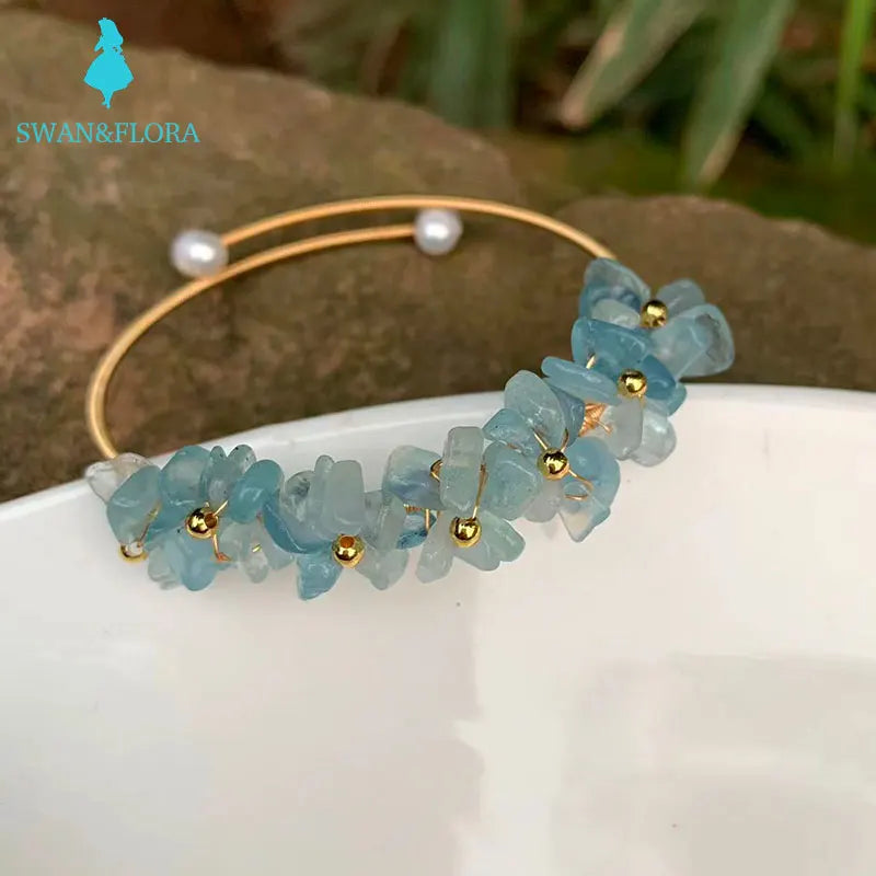Natural Aquamarine Crystal Bracelet Bangle Lucky Charm Jewelry Gem