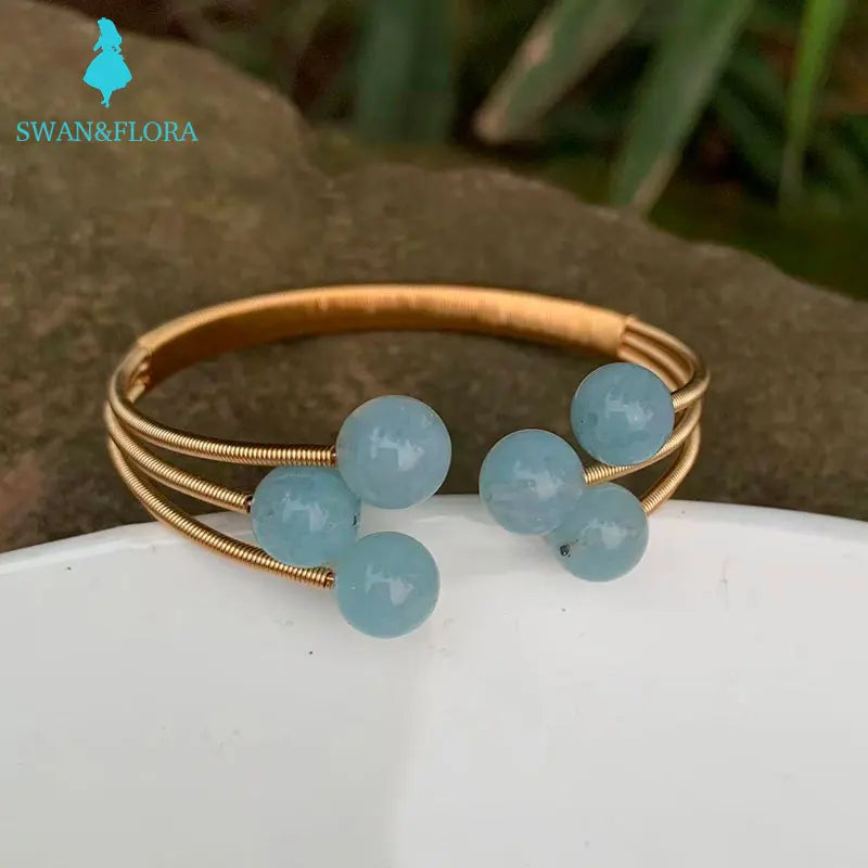 Natural Aquamarine Crystal Bracelet Bangle Gem Lucky Bracelet Charm