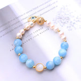 Aquamarine Devil's Eye Bracelet with Pearls Women Jewelry