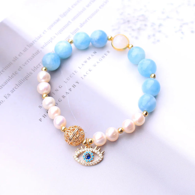 Aquamarine Devil's Eye Bracelet with Pearls Women Jewelry