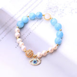 Aquamarine Devil's Eye Bracelet with Pearls Women Jewelry