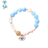 Aquamarine Devil's Eye Bracelet with Pearls Women Jewelry