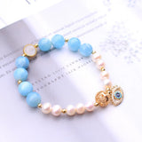 Aquamarine Devil's Eye Bracelet with Pearls Women Jewelry