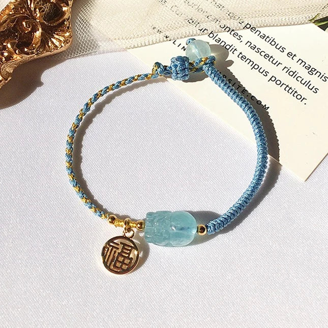 Aquamarine Pixiu Braided Rope Bracelet for Women