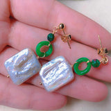 Baroque Freshwater Pearl Jade 18k Earrings Ear stud Easter Lucky Jewelry
