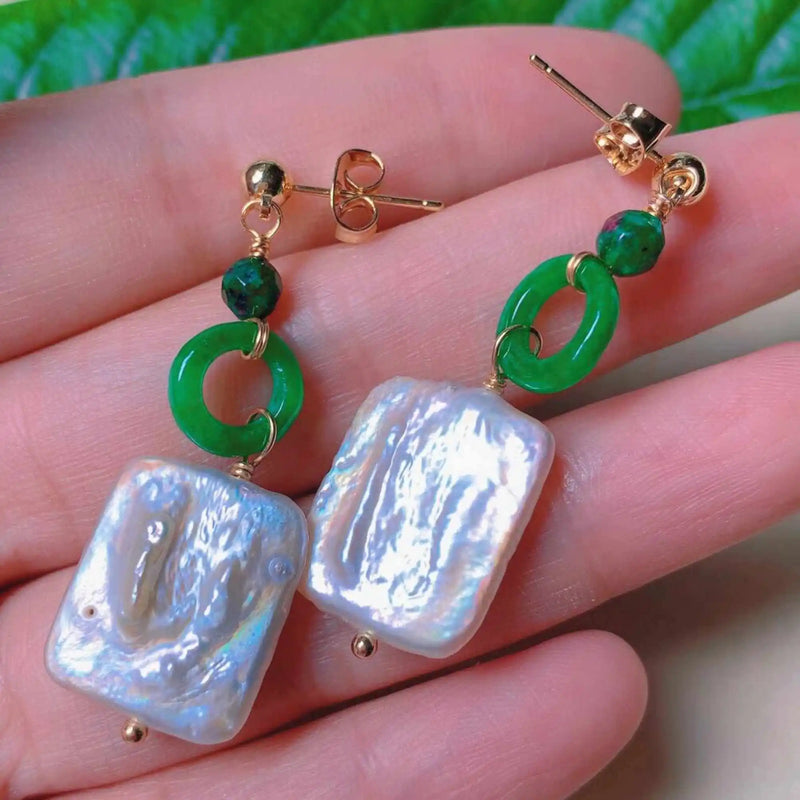 Baroque Freshwater Pearl Jade 18k Earrings Ear stud Easter Lucky Jewelry