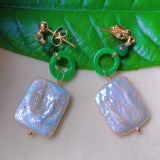 Baroque Freshwater Pearl Jade 18k Earrings Ear stud Easter Lucky Jewelry