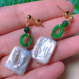 Baroque Freshwater Pearl Jade 18k Earrings Ear stud Easter Lucky Jewelry