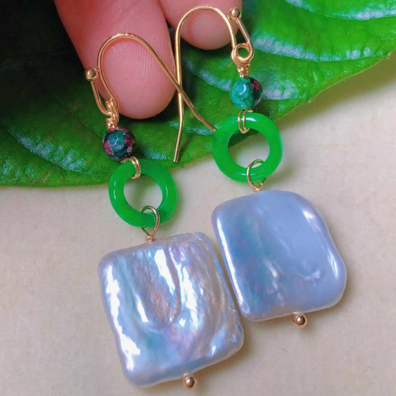 Baroque Freshwater Pearl Jade 18k Earrings Lucky Classic DIY Jewelry