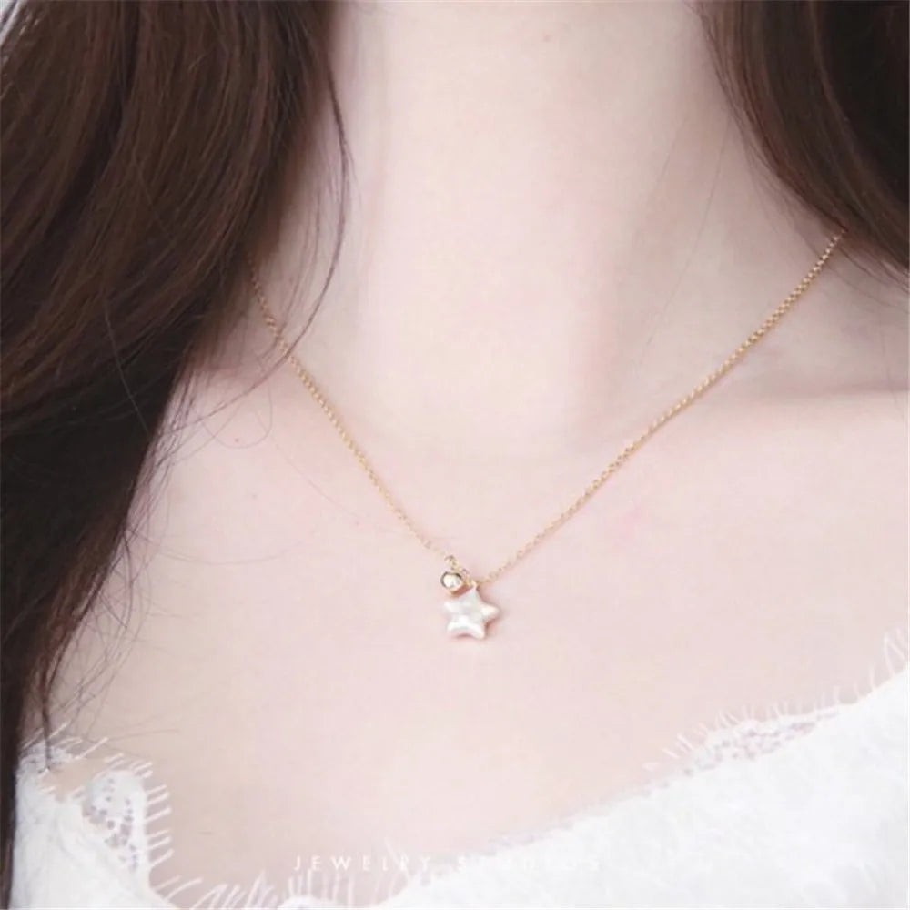 Baroque Pearl Pentagram Pendant Necklace Minimalist Clavicle Chain