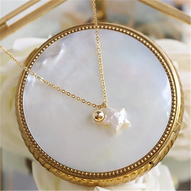 Baroque Pearl Pentagram Pendant Necklace Minimalist Clavicle Chain